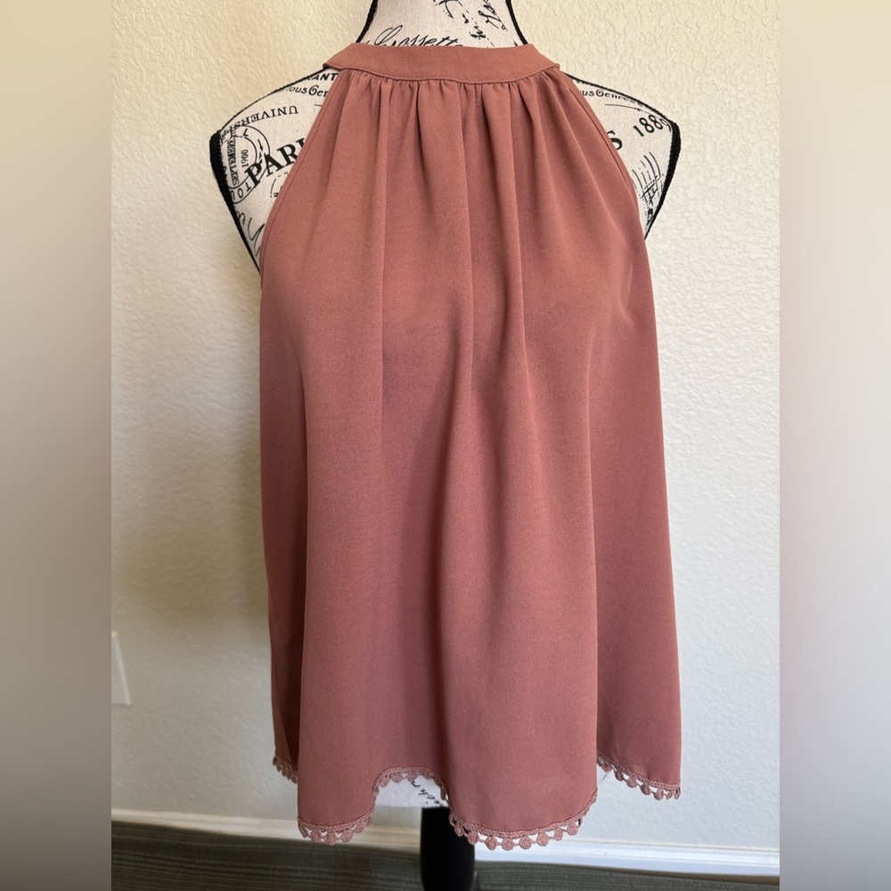 Elegant Flowing Dusty Pink Halter Top with Lace Edges.